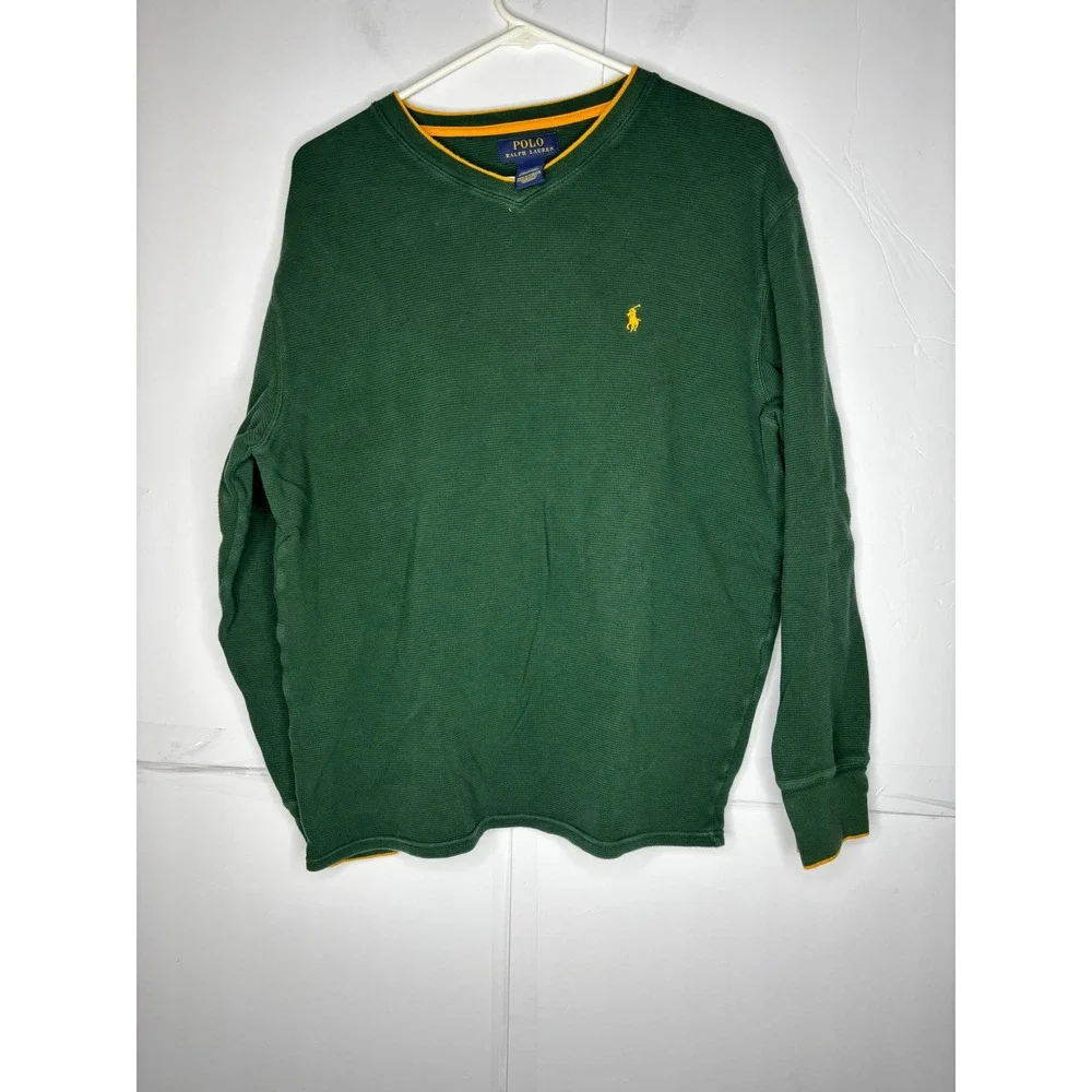Polo Ralph Lauren Mens XL Green Waffle Knit Thermal Shirt Yellow Trim V-Neck